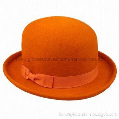 Women's Fashionable Orange Mini Felt Bowler Hat with GG Band and Bow Trim